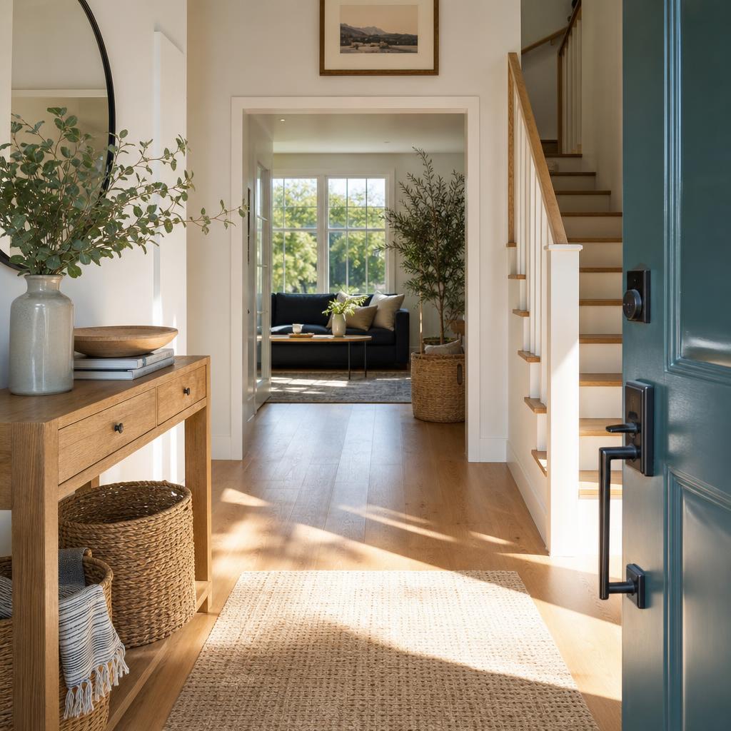 Bright sunlit entryway of a modern suburban home, looking in from the open front door